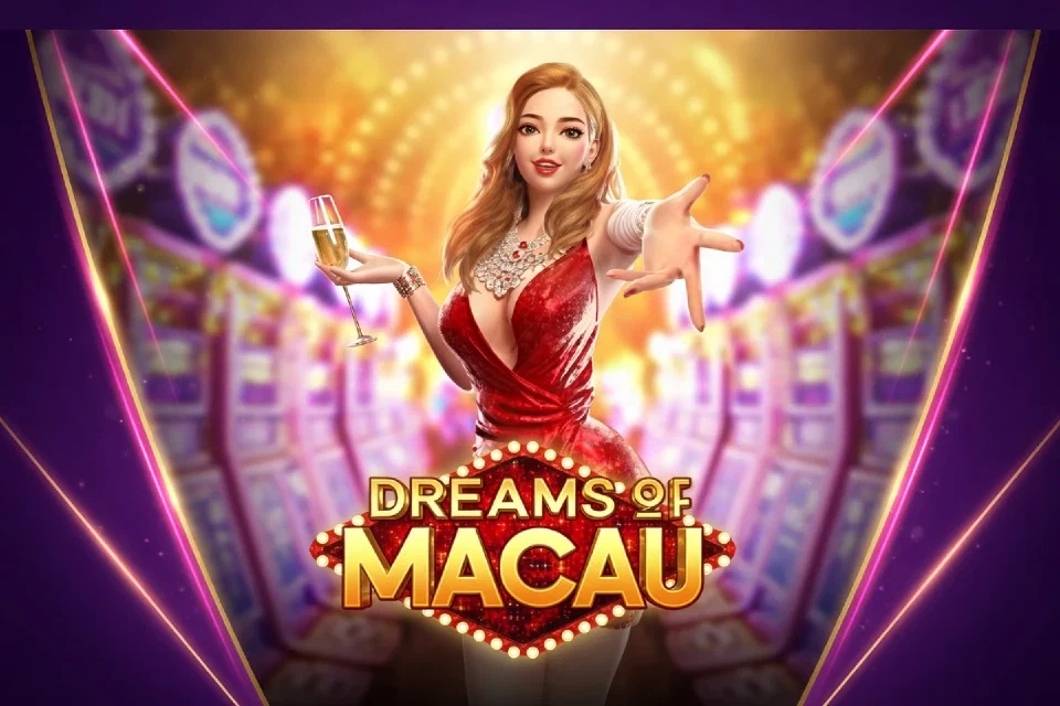 Dreams of Macau: Frau im roten Kleid vor goldener Casino-Kulisse