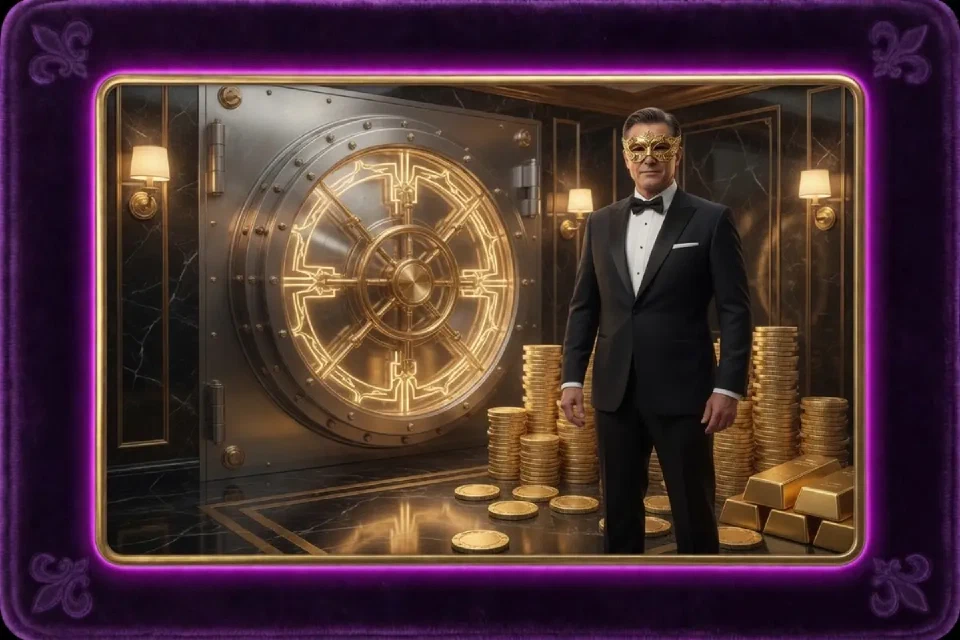 Illustration zu Heist Stakes: Maskierter Mann vor einem Tresor mit Gold