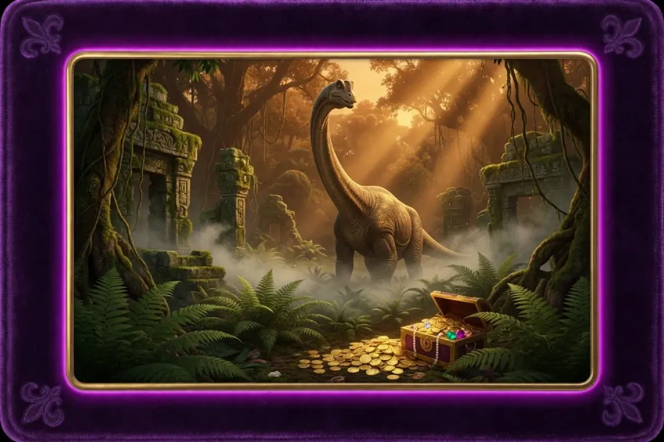 Illustration zu Jurassic Kingdom: Dinosaurier im Dschungel zwischen Ruinen und Schatztruhe