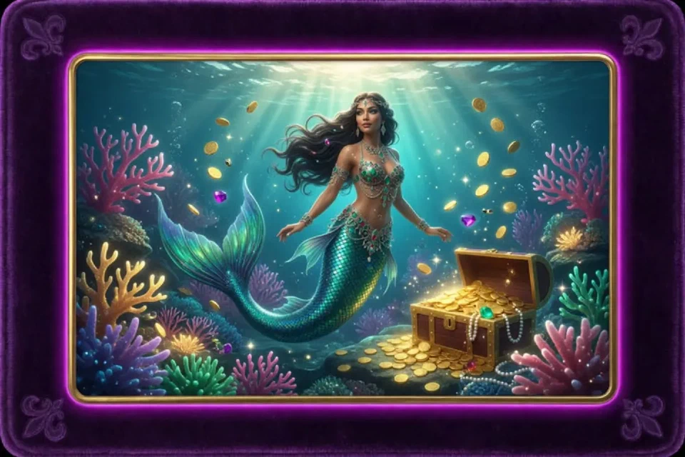 Illustration zu Mermaid Riches: Meerjungfrau, Korallen und Schatztruhe unter Wasser