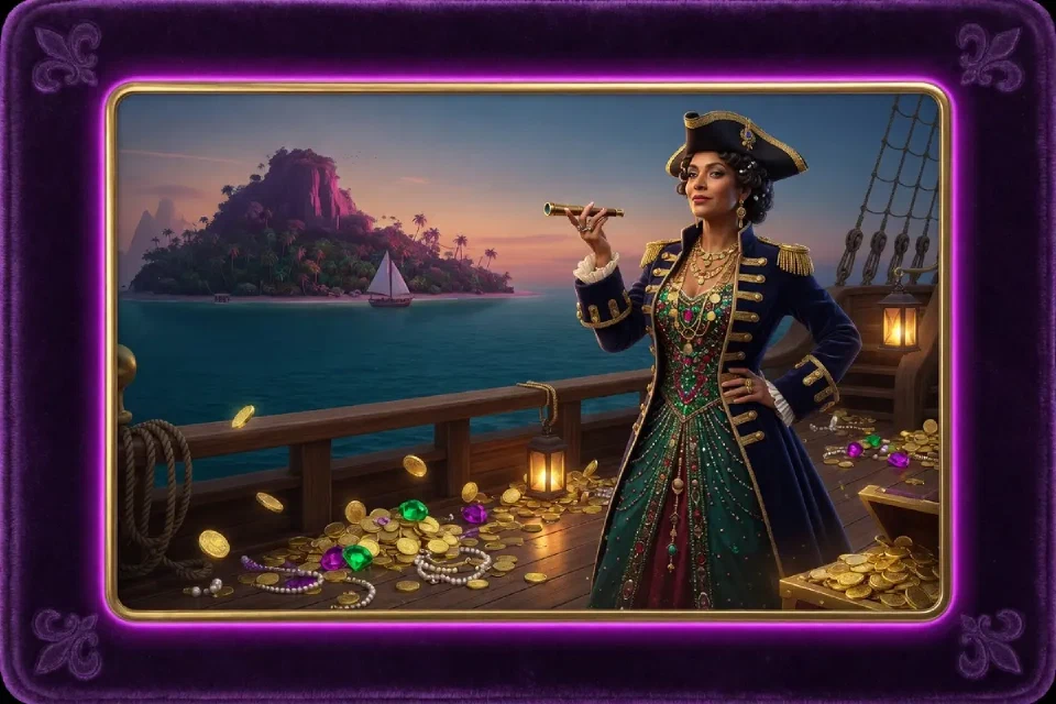 Illustration zu Queen of Bounty: Kapitänin auf einem Schiff mit Goldschatz und Insel