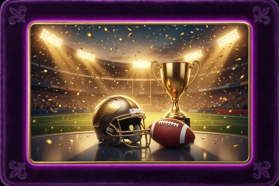 Illustration zu Touchdown Wins: Footballhelm, Ball und Pokal im beleuchteten Stadion