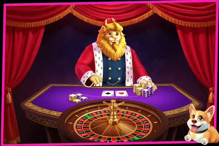 Royspins-Löwe am violetten Spieltisch mit Roulette und Corgi