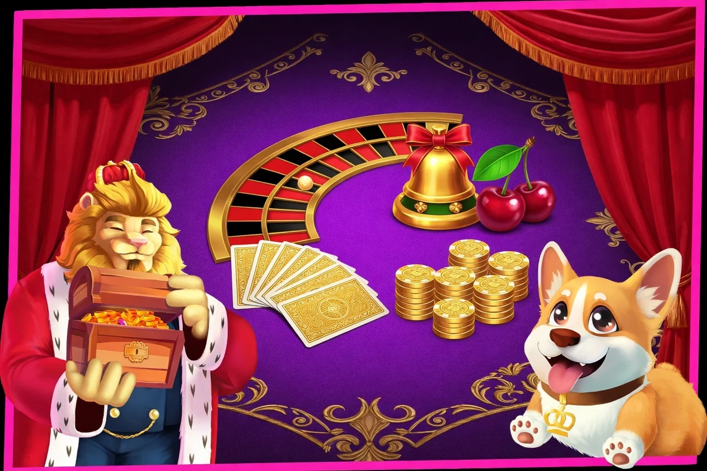 Casino-Spielmotive mit Karten, Roulettebogen, Löwe und Corgi