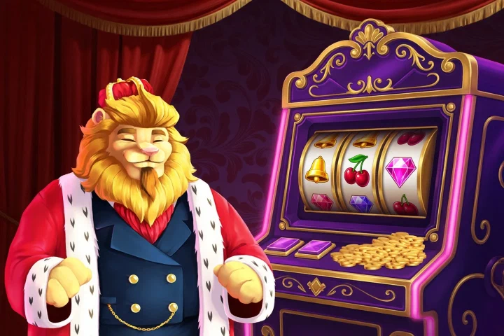 Royspins-Löwe neben einem violett-goldenen Spielautomaten